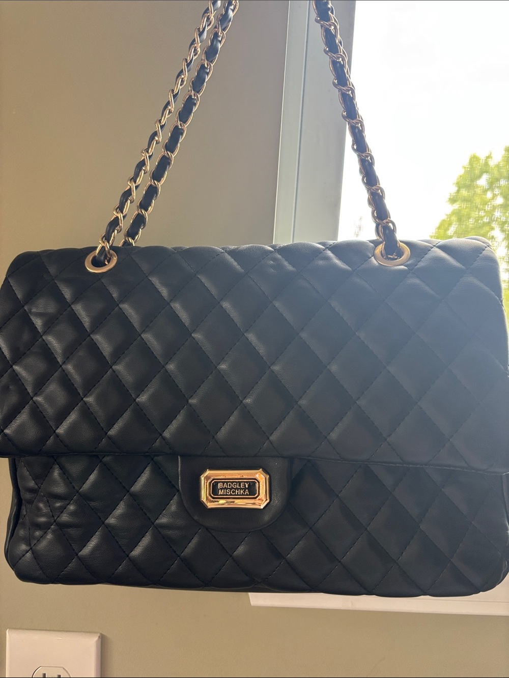 Badgley Mischka Black Quilted Shoulder Bag with Gold Chain